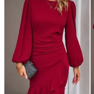 Puff Sleeve Round Neck Ruffle Hem Bodycon Dress